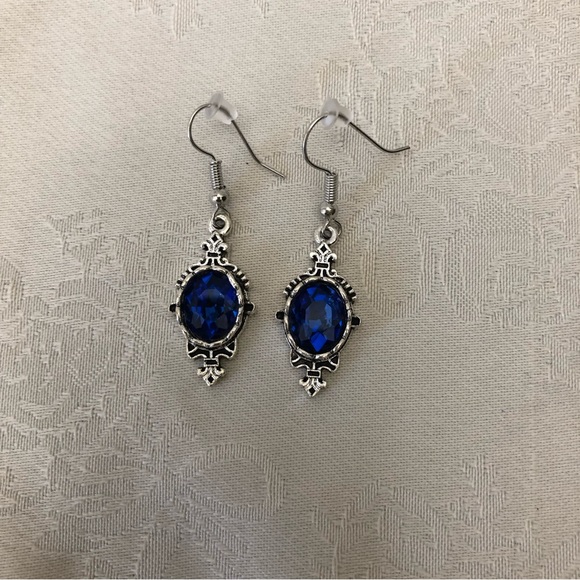 Crystal Dangle Cubic Zirconia Oval Women's Silver/Blue Earrings - Picture 4 of 5